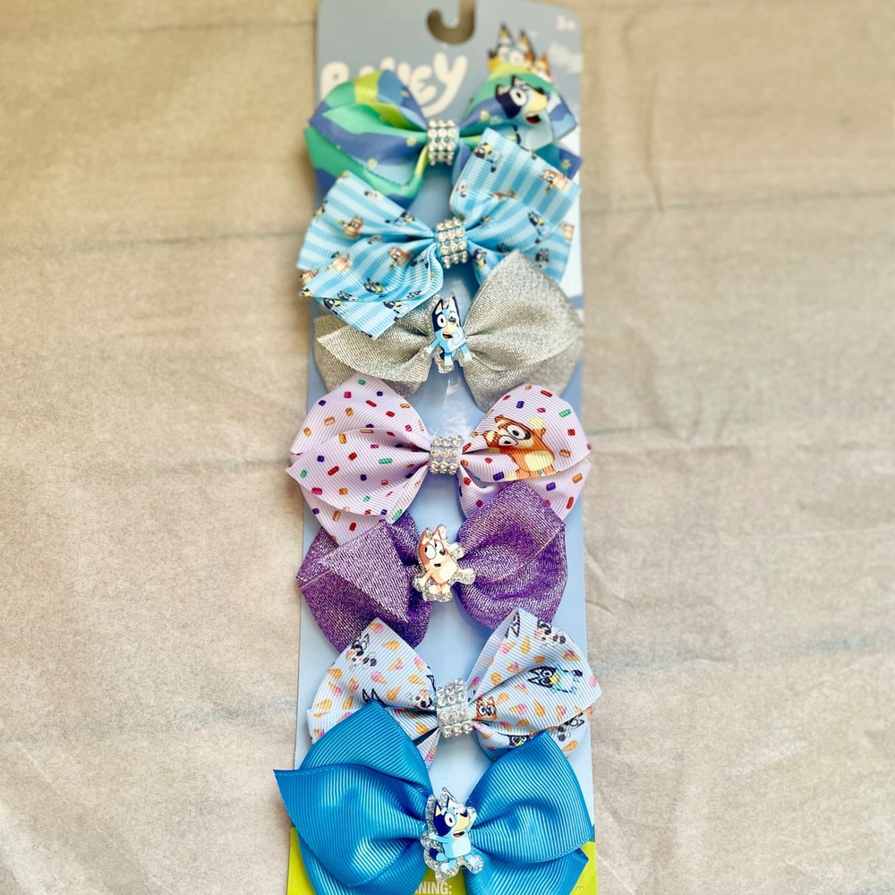 Bluey‎ Bingo 7 Piece Hair Bow Set Kids Alligator Clips Multicolor Glitter Ribbon